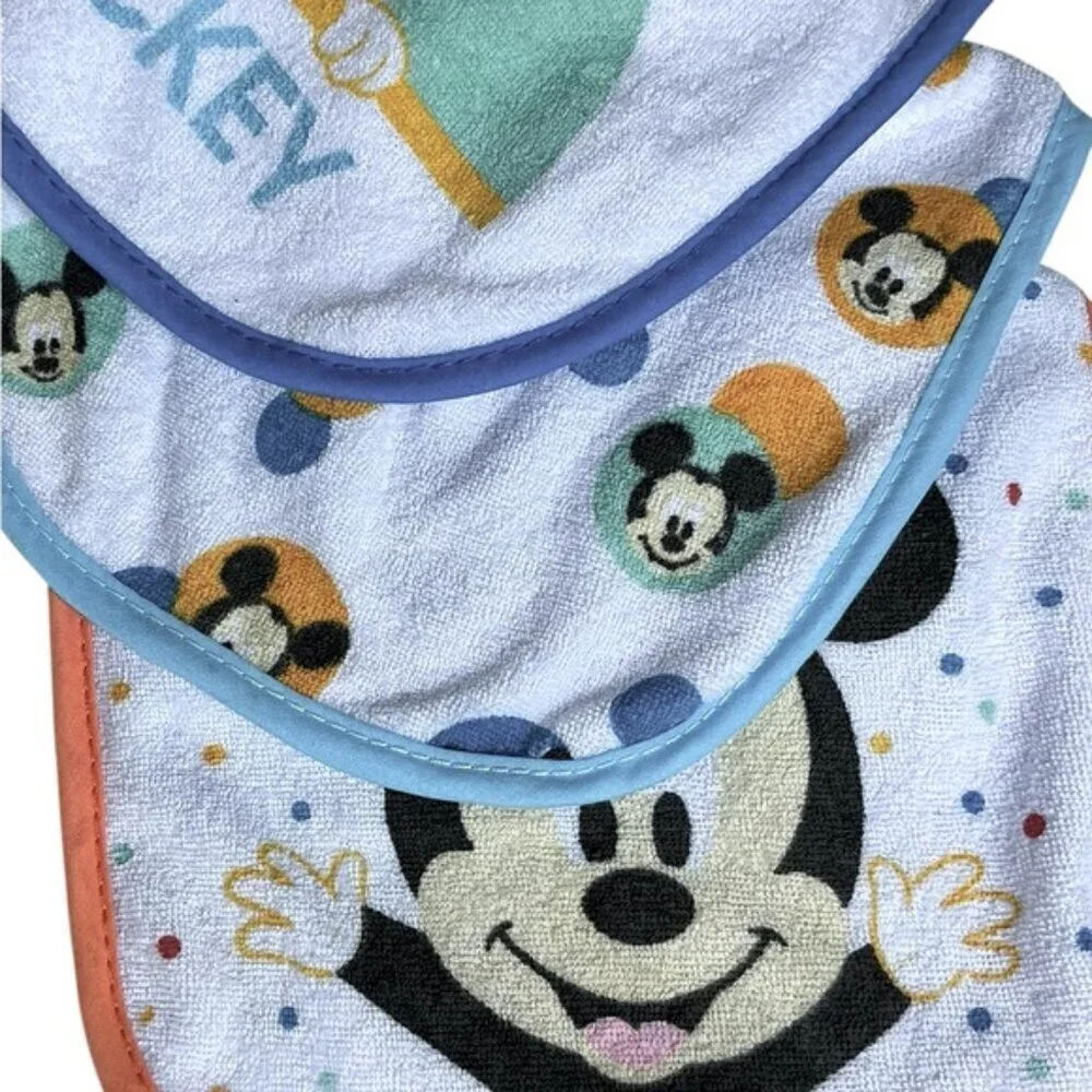 Disney Mickey Mouse Baby Bibs Absorbent Terrycloth VeIcro Closure 3 Pc 0-18 mo